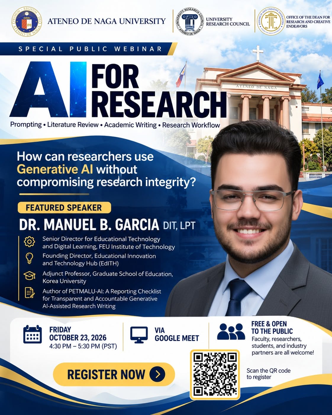 Official Ateneo de Naga University webinar poster featuring Dr. Manuel B. Garcia as speaker for AI for Research on October 23, 2026