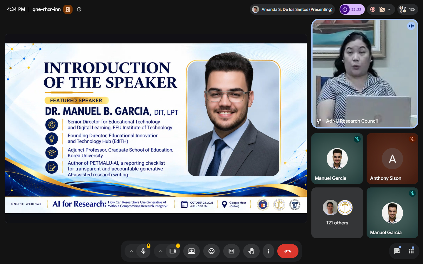 Dr. Manuel B. Garcia being introduced as featured speaker during the Ateneo de Naga University AI for Research webinar