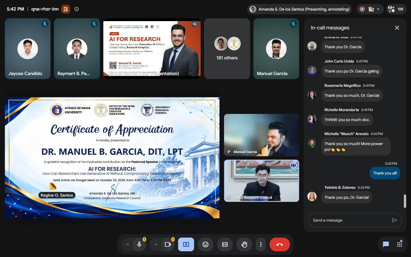 Certificate of Appreciation presented to Dr. Manuel B. Garcia by Ateneo de Naga University during the AI for Research webinar